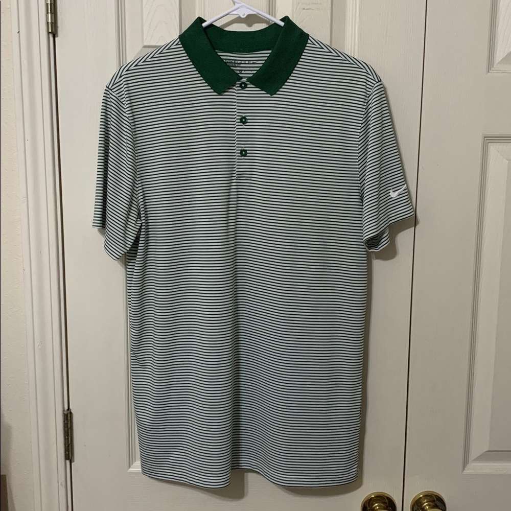 Nike Green and White Striped Golf Polo
